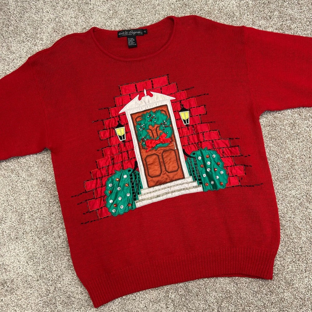 Vintage‎ Work In Progress Gladys Bagley Christmas Sweater Women 14/16 Wreath Red